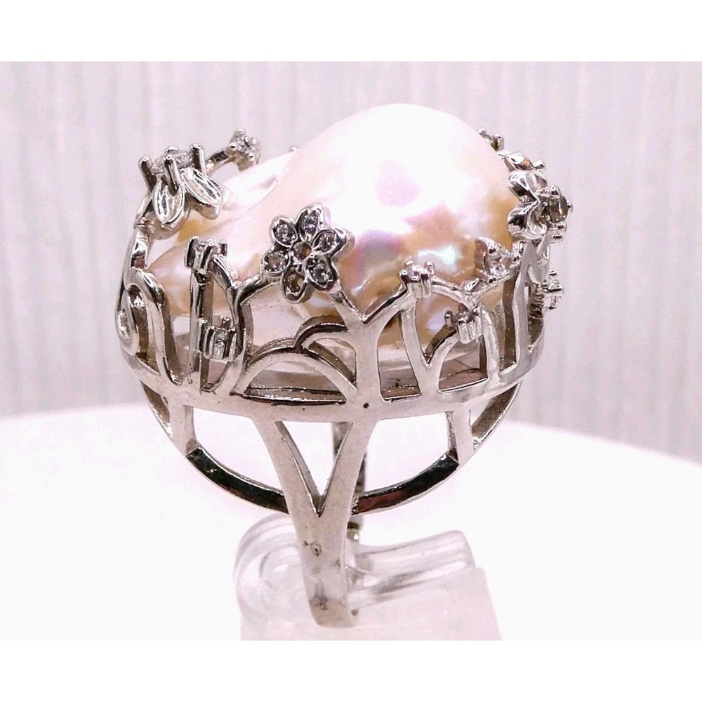 Sterling Silver 925 Boroque Pearl Flower Split Shank Dome Statement Ring Sz 8